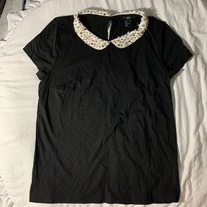 H&M Women’s Pearl Peter Pan Collar Preppy Black Short Sleeve Shirt Small Cotton
